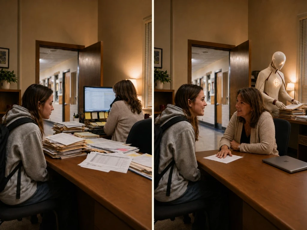Before and after in a counselor's office: buried in files and phone calls, then the same meeting with a clear desk while Sol files the paperwork
