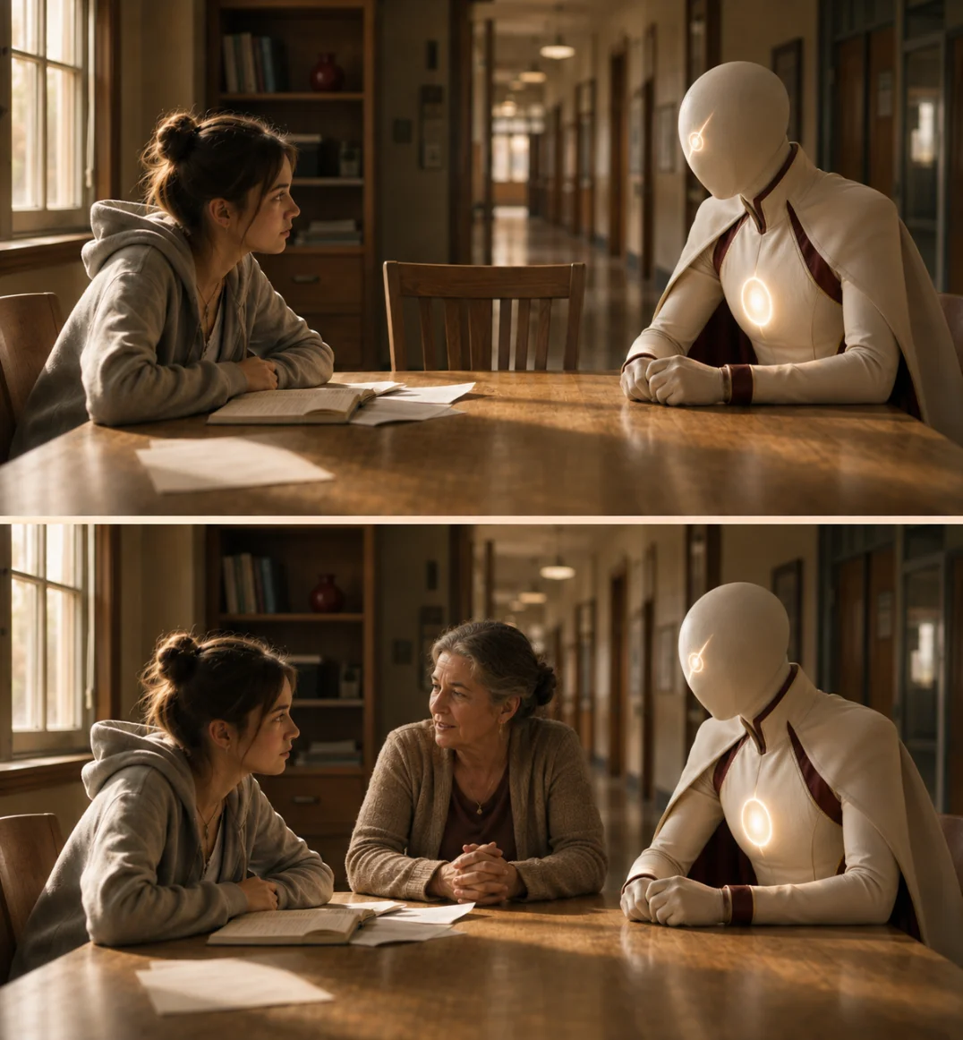 Before and after diptych, stacked: same counselor office, camera locked. Top, desk buried in paper and the counselor turned away to a monitor while the student waits. Bottom, desk 